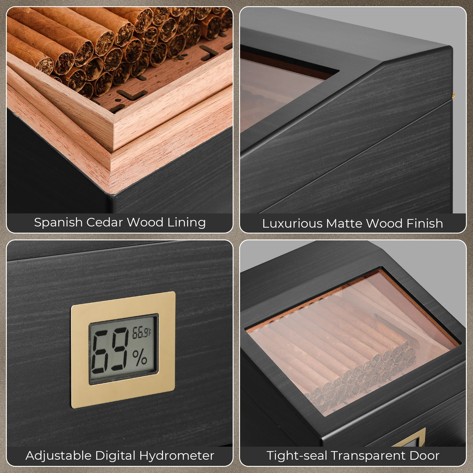 FT-2042 Classic Cigar Humidor Box, 85 Counts (Ebony) - Image 4