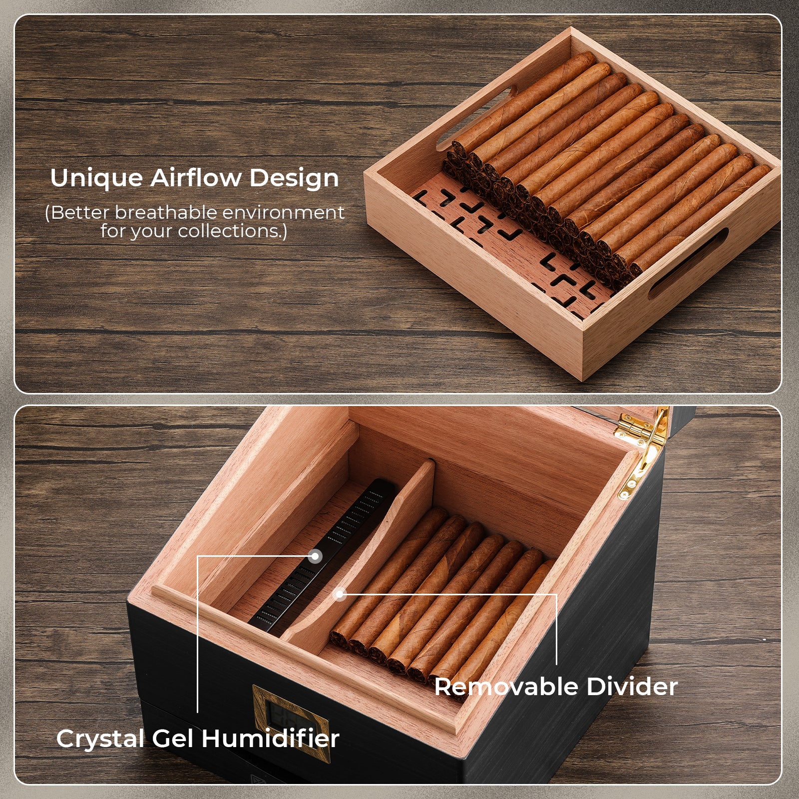 FT-2042 Classic Cigar Humidor Box, 85 Counts (Ebony) - Image 5