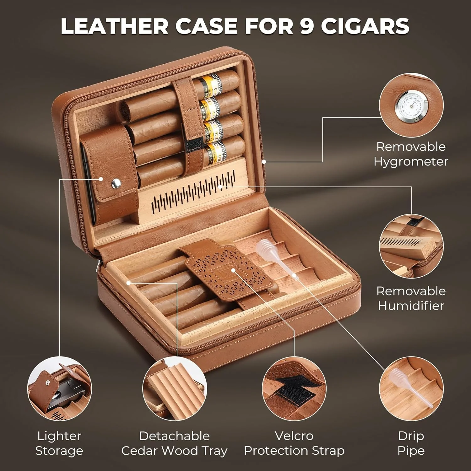 PR-5041 Portable Travel Cigar Humidor Case, 9 Cigars - Image 4